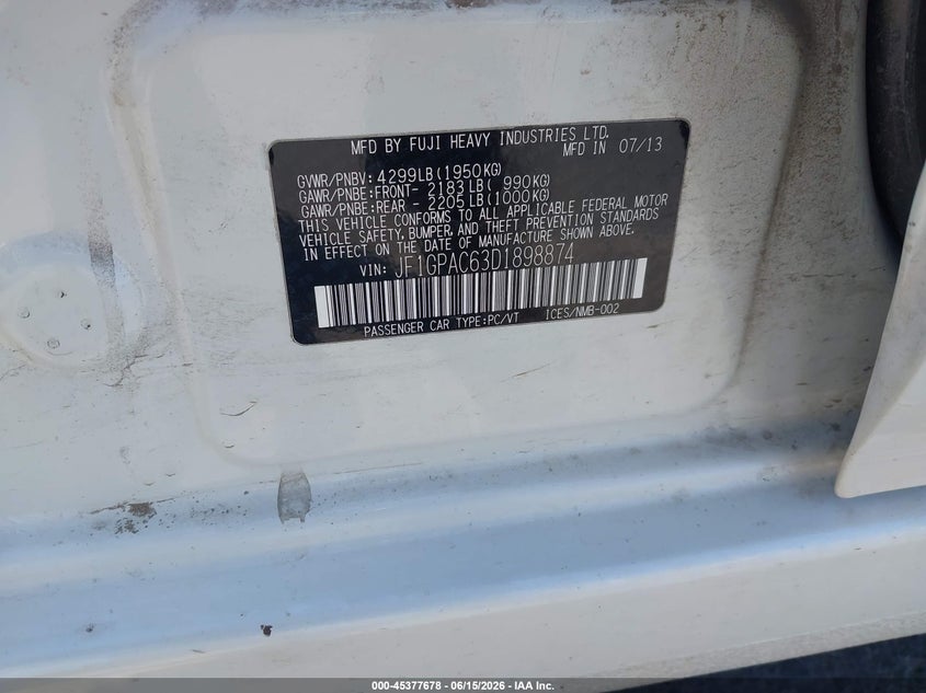 2013 Subaru Impreza VIN JF1GPAC63D1898874 IAAI salvage auction — REAR END, Salvage Title, sold $50 on 2026-07-22 (photo 9)