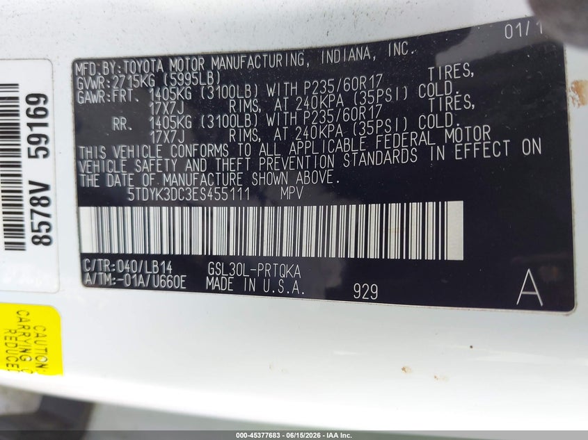 2014 Toyota Sienna VIN 5TDYK3DC3ES455111 IAAI salvage auction — LEFT REAR, Salvage (California), sold $2,950 on 2026-07-13 (photo 9)
