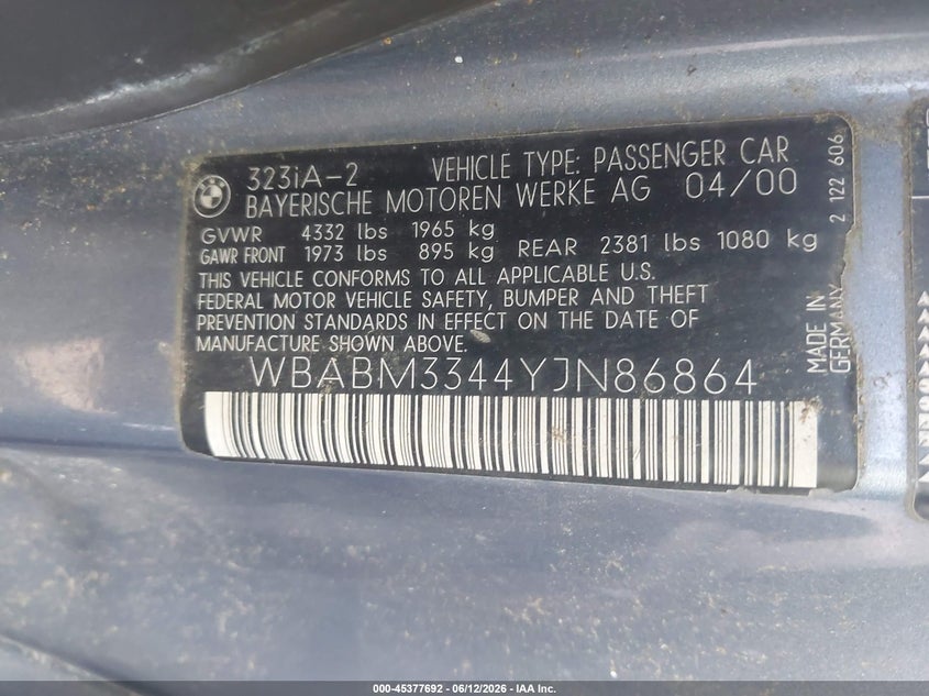 2000 BMW 3er VIN WBABM3344YJN86864 IAAI salvage auction — NORMAL WEAR, Clear (North Carolina), sold $500 on 2026-07-09 (photo 9)