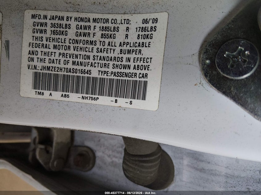 2010 Honda Insight VIN JHMZE2H70AS016645 IAAI salvage auction — VANDALISM, Clear (Tennessee), sold $300 on 2026-07-06 (photo 9)