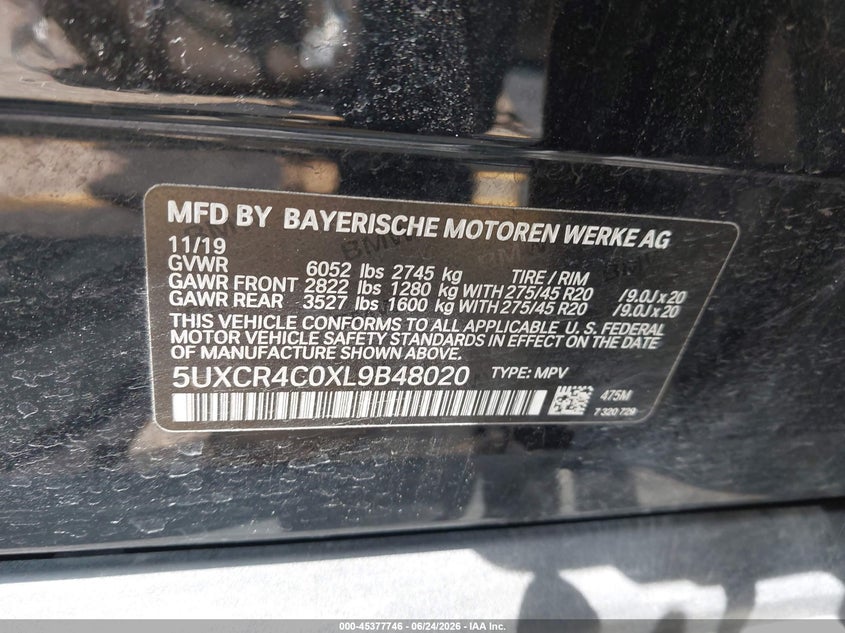 2020 BMW X5 VIN 5UXCR4C0XL9B48020 IAAI salvage auction — LEFT REAR, Original (Texas), sold $18,550 on 2026-07-29 (photo 9)
