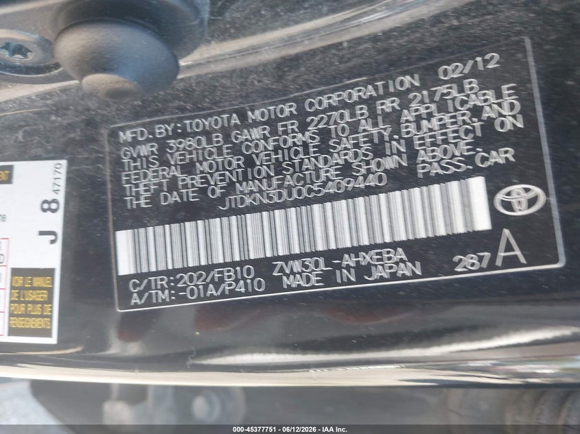 2012 Toyota Prius VIN JTDKN3DU0C5409440 IAAI salvage auction — SIDE, Regular Certificate (Iowa), sold $800 on 2026-07-28 (photo 9)