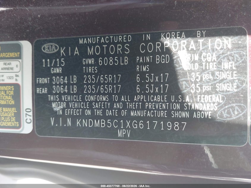 2016 Kia SEDONA VIN KNDMB5C1XG6171987 IAAI salvage auction — FRONT END, Salvage (North Carolina), sold $1,425 on 2026-07-22 (photo 9)