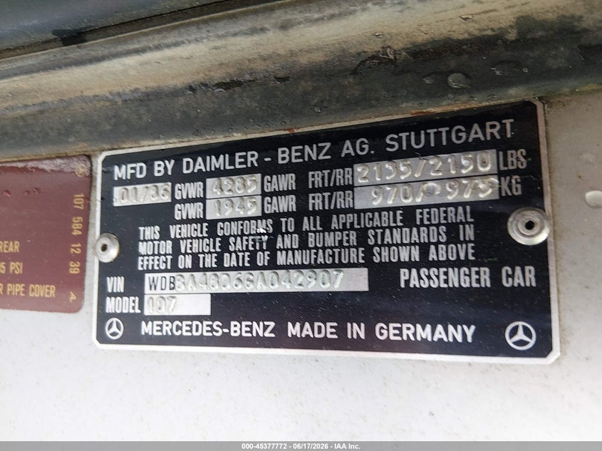 1986 Mercedes-benz 560 VIN WDBBA48D6GA042907 IAAI salvage auction — FRONT END, Clear (South Carolina), sold $3,900 on 2026-07-29 (photo 9)