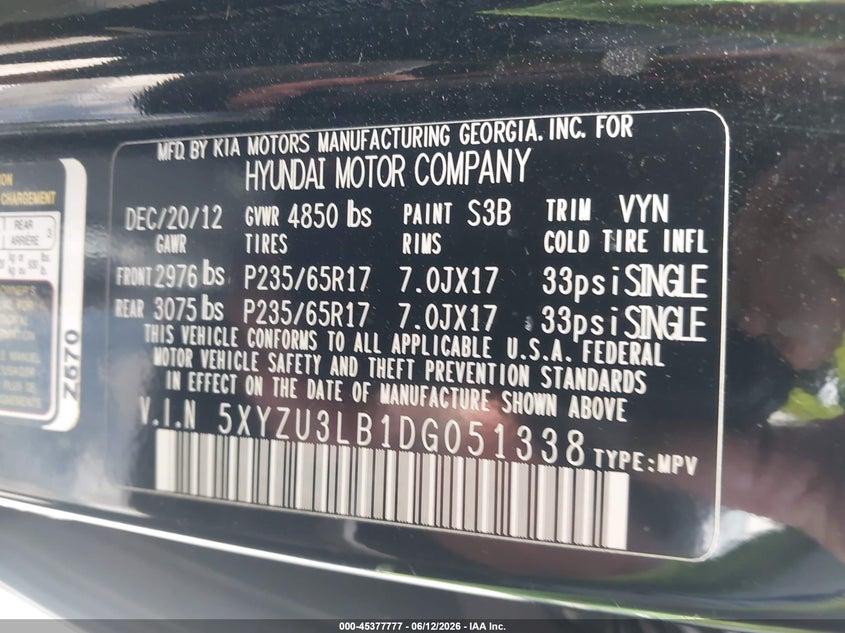 2013 Hyundai Santa fe VIN 5XYZU3LB1DG051338 IAAI salvage auction — FRONT END, Salvage (Louisiana), sold $1,050 on 2026-07-08 (photo 9)
