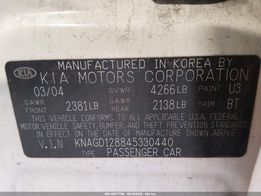 2004 Kia Optima VIN KNAGD128845330440 IAAI salvage auction — LEFT FRONT, Salvage (Colorado), sold $150 on 2026-07-22 (photo 9)