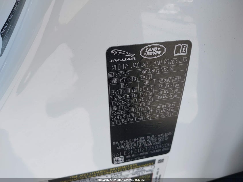 2026 Land rover Defender VIN SALE2FEU2T2509006 IAAI salvage auction — LEFT REAR, Salvage Title, sold $20,400 on 2026-07-22 (photo 9)