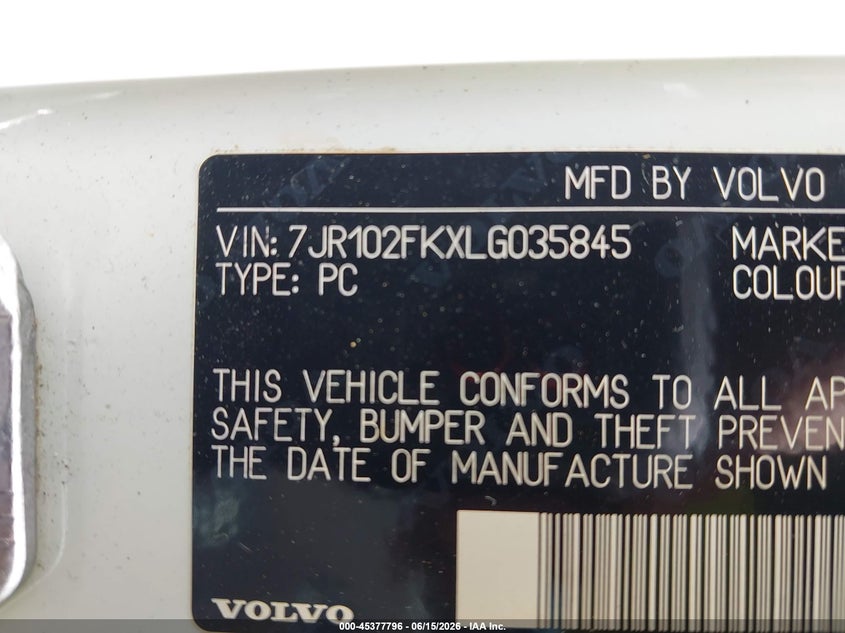 2020 Volvo S60 VIN 7JR102FKXLG035845 IAAI salvage auction — REAR END, Salvage Title, sold $2,500 on 2026-07-27 (photo 9)