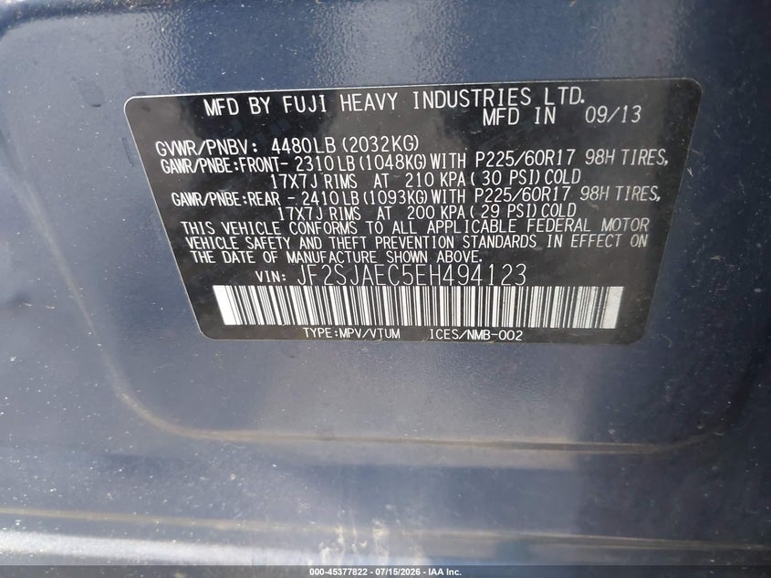 2014 Subaru Forester VIN JF2SJAEC5EH494123 IAAI salvage auction — NORMAL WEAR, Clear (Maryland), sold $1,775 on 2026-07-22 (photo 9)