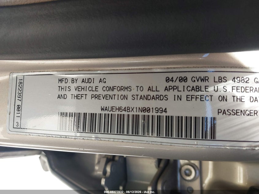 2001 Audi A6 VIN WAUEH64BX1N001994 IAAI salvage auction — NORMAL WEAR, Clear - Dealer Only (California), sold $300 on 2026-07-09 (photo 9)