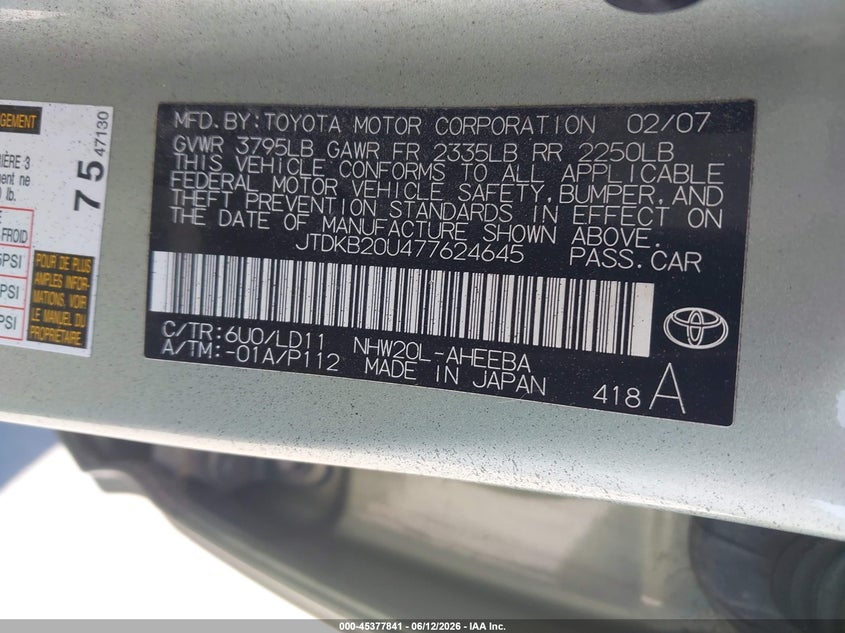 2007 Toyota Prius VIN JTDKB20U477624645 IAAI salvage auction — NORMAL WEAR, App For Dup Clear (California), sold $500 on 2026-07-27 (photo 9)