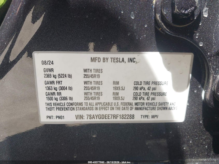2024 Tesla Model y VIN 7SAYGDEE7RF182288 IAAI salvage auction — LEFT REAR, Clear (California), sold $28,100 on 2026-07-08 (photo 9)