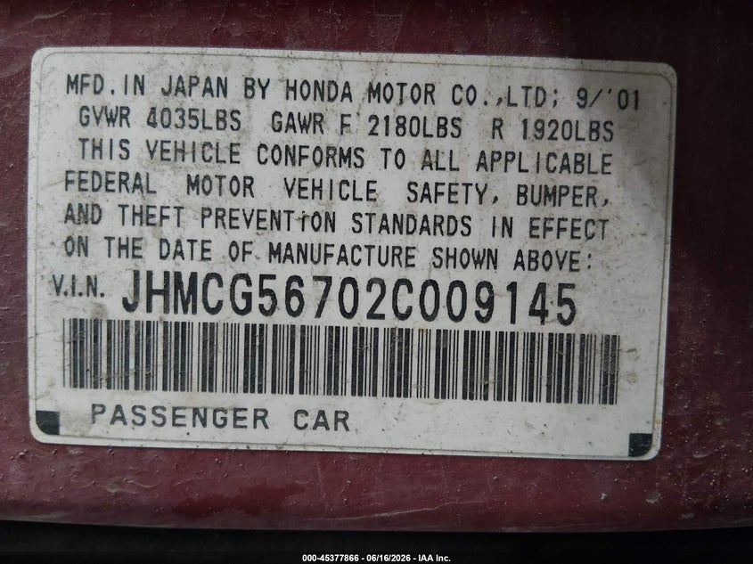 2002 Honda Accord VIN JHMCG56702C009145 IAAI salvage auction — NORMAL WEAR, Original (Alaska), sold $225 on 2026-07-10 (photo 9)