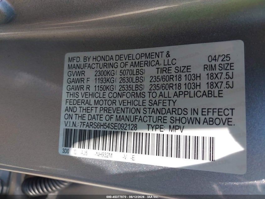 2025 Honda Cr-v VIN 7FARS6H54SE092128 IAAI salvage auction — FRONT END, Salvage Title, sold $11,025 on 2026-07-30 (photo 9)