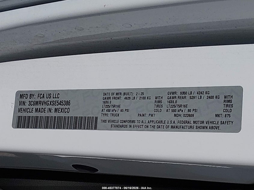 2025 Ram Promaster 3500 VIN 3C6MRVHGXSE545386 IAAI salvage auction — FRONT END, Certificate Of Destruction (Florida), sold $7,500 on 2026-07-22 (photo 9)