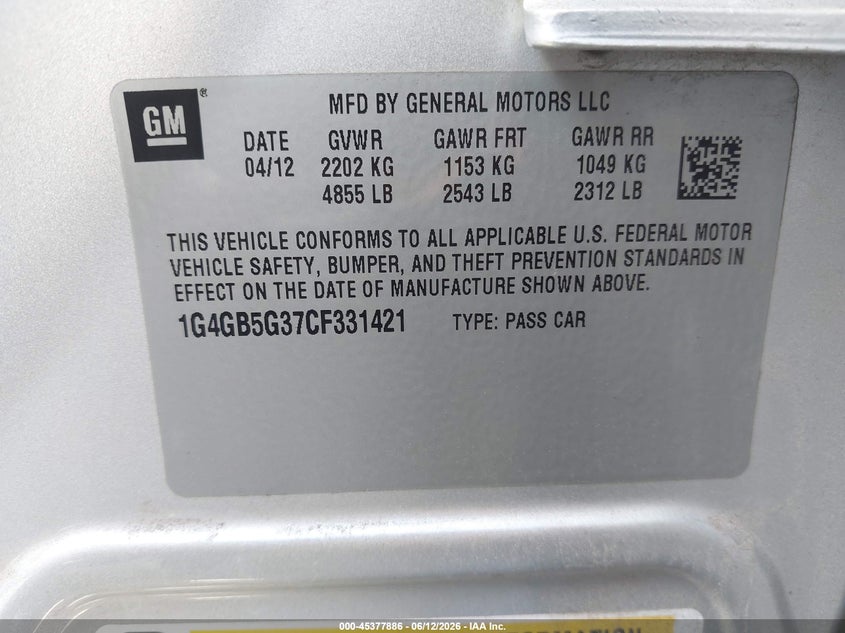 2012 Buick Lacrosse VIN 1G4GB5G37CF331421 IAAI salvage auction — FRONT END, Original (Texas), sold $725 on 2026-07-28 (photo 9)