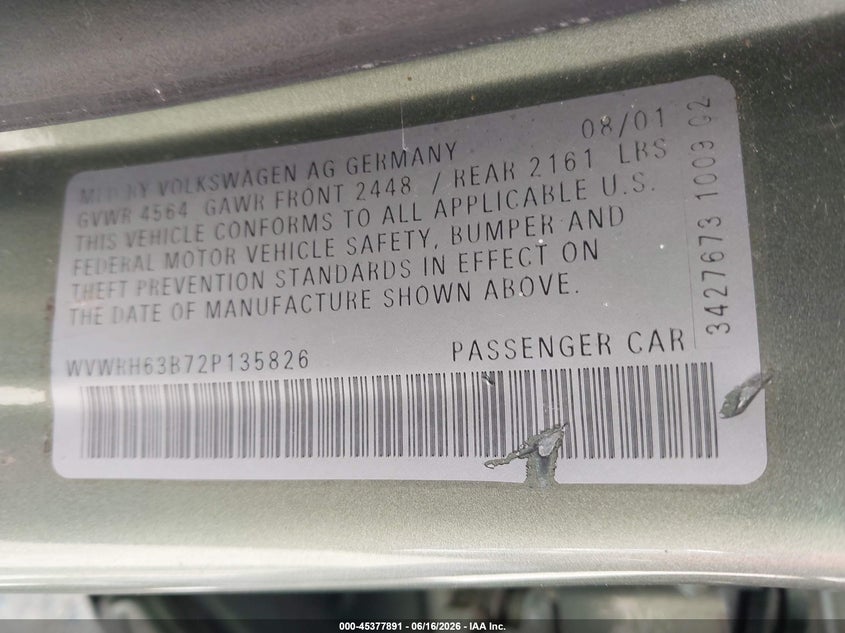 2002 Volkswagen Passat VIN WVWRH63B72P135826 IAAI salvage auction — NORMAL WEAR, Affidavit In Lieu Of Title (Washington), sold $250 on 2026-07-08 (photo 9)