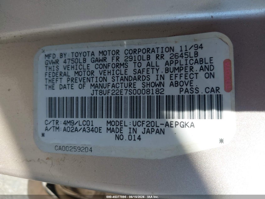1995 Lexus Ls 400 VIN JT8UF22E7S0008182 IAAI salvage auction — REAR END, Non-Repairable (California), sold $25 on 2026-07-28 (photo 9)
