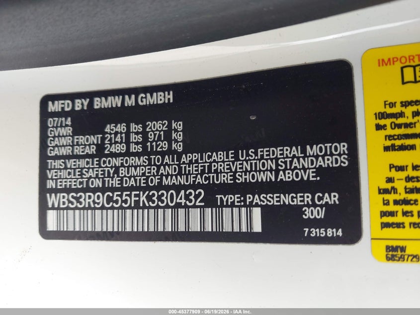 2015 BMW M4 VIN WBS3R9C55FK330432 IAAI salvage auction — FRONT END, Salvage (California), sold $11,300 on 2026-08-19 (photo 9)