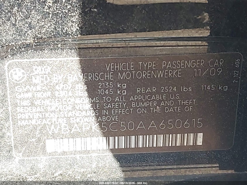 2010 BMW 3 series VIN WBAPK5C50AA650615 IAAI salvage auction — NORMAL WEAR, Clear (New York), sold $550 on 2026-07-14 (photo 9)
