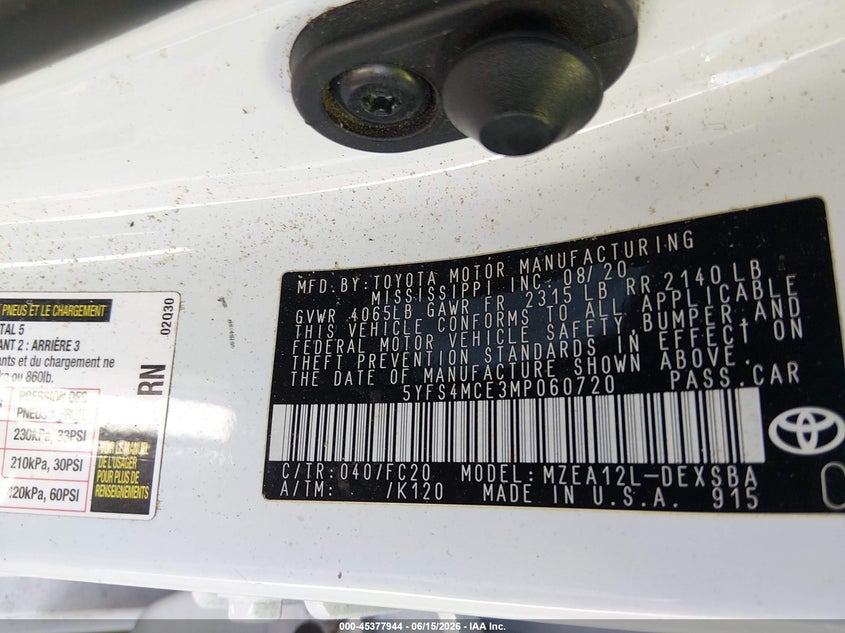 2021 Toyota Corolla VIN 5YFS4MCE3MP060720 IAAI salvage auction — RIGHT FRONT, Salvage Title, sold $4,200 on 2026-07-15 (photo 9)