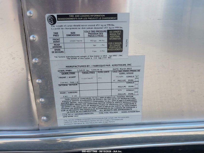 2022 Airstream Travel trailer VIN 1STCMAD1XNJ562291 IAAI salvage auction — SIDE, Salvage (Arizona), sold $18,000 on 2026-07-07 (photo 9)