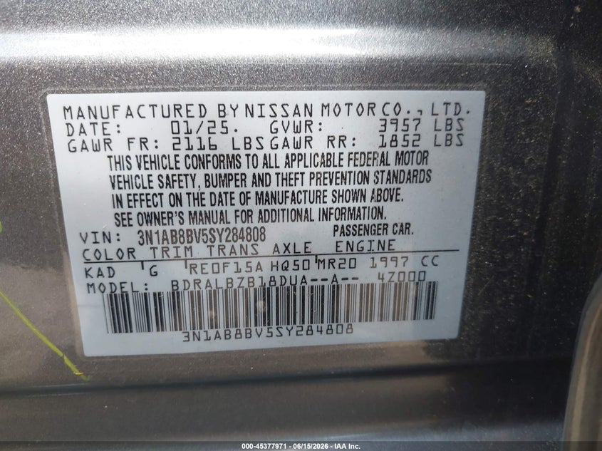 2025 Nissan Sentra VIN 3N1AB8BV5SY284808 IAAI salvage auction — REAR END, Clear (Tennessee), sold $7,850 on 2026-07-29 (photo 9)