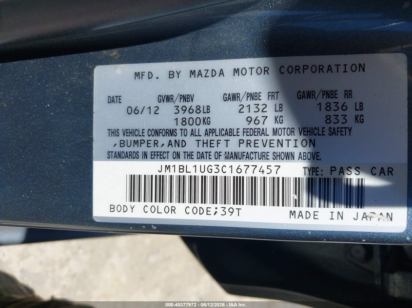 2012 Mazda 3 VIN JM1BL1UG3C1677457 IAAI salvage auction — NORMAL WEAR, Salvage (California), sold $325 on 2026-07-09 (photo 9)