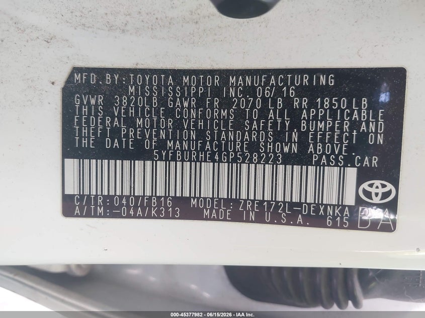 2016 Toyota Corolla VIN 5YFBURHE4GP528223 IAAI salvage auction — FRONT END, Salvage Title, sold $3,900 on 2026-07-15 (photo 9)