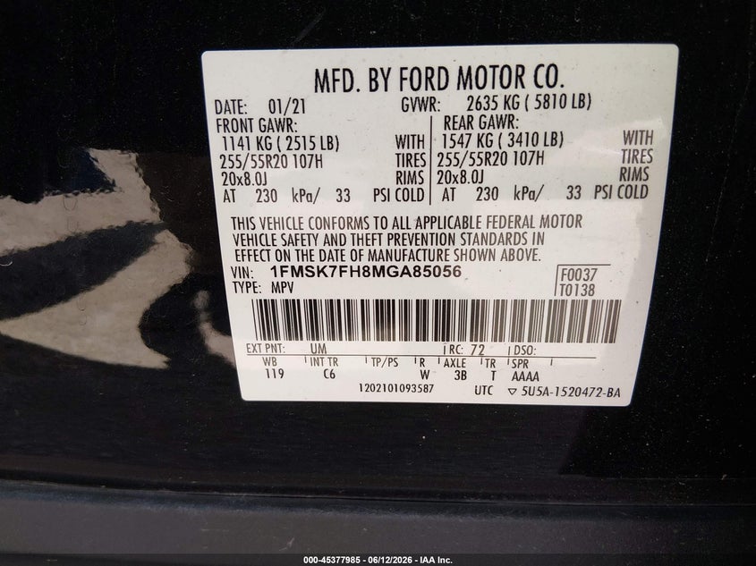 2021 Ford Explorer VIN 1FMSK7FH8MGA85056 IAAI salvage auction — REAR END, Salvage Title, sold $7,000 on 2026-08-22 (photo 9)