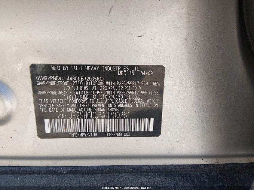 2010 Subaru Forester VIN JF2SH6DC8AH700281 IAAI salvage auction — LEFT & RIGHT, Salvage (Colorado), sold $25 on 2026-07-28 (photo 9)