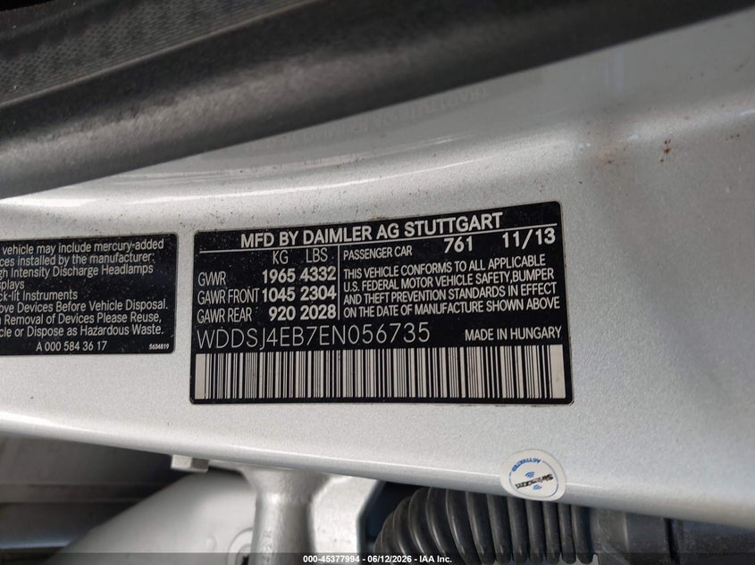 2014 Mercedes-benz Cla-klasse VIN WDDSJ4EB7EN056735 IAAI salvage auction — BIO HAZARD, Salvage Title, sold $725 on 2026-07-15 (photo 9)