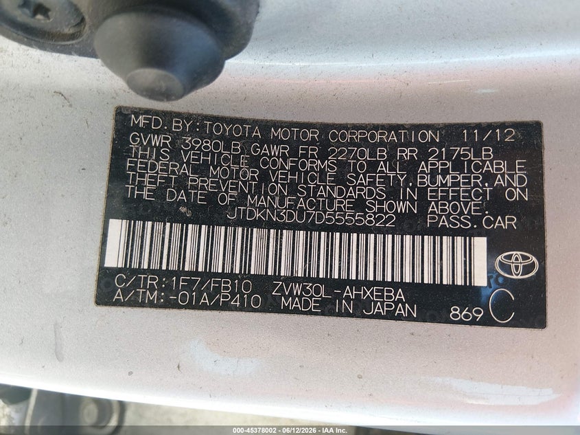 2013 Toyota Prius VIN JTDKN3DU7D5555822 IAAI salvage auction — NORMAL WEAR, Clear (New York), sold $975 on 2026-07-21 (photo 9)