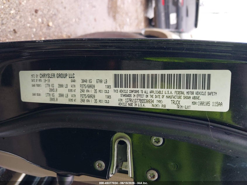 2011 Ram Ram 1500 VIN 1D7RV1GT7BS530834 IAAI salvage auction — UNKNOWN, Salvage (Texas), sold $1,850 on 2026-07-22 (photo 9)