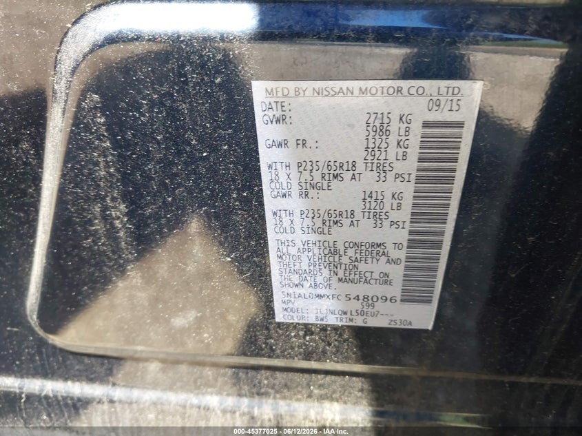 2015 Infiniti Qx60 VIN 5N1AL0MMXFC548096 IAAI salvage auction — FRONT END, Salvage Title, sold $500 on 2026-07-28 (photo 9)