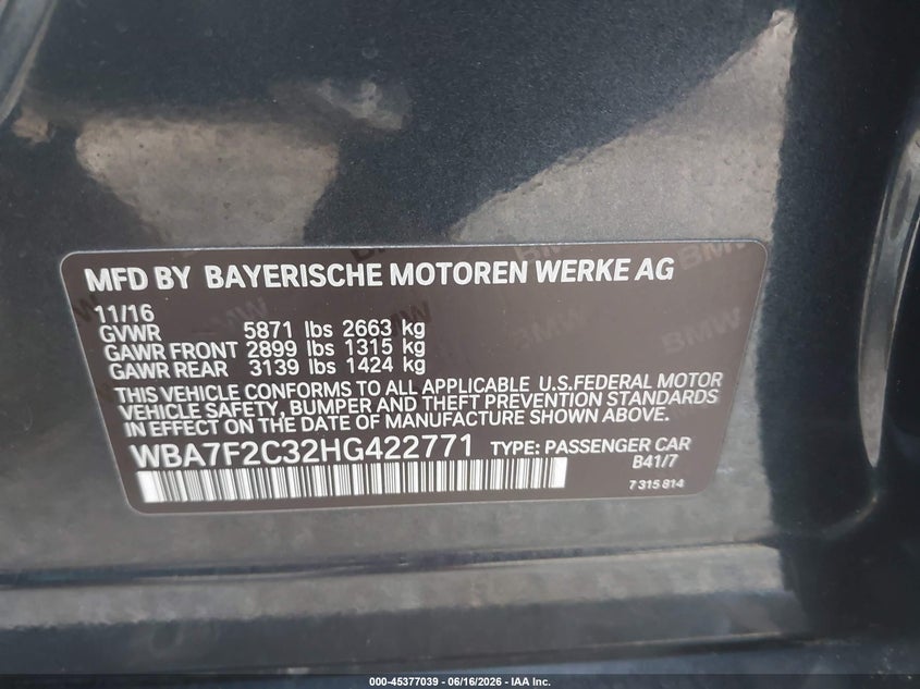 2017 BMW 7er VIN WBA7F2C32HG422771 IAAI salvage auction — ENGINE DAMAGE, Original (Texas), sold $4,750 on 2026-09-07 (photo 9)