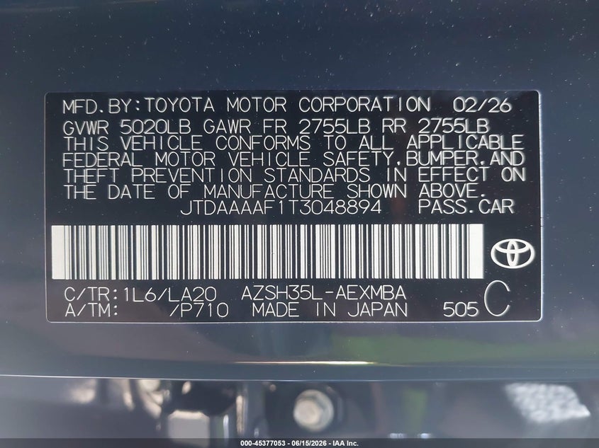 2026 Toyota Crown VIN JTDAAAAF1T3048894 IAAI salvage auction — FRONT END, Salvage Title, sold $15,625 on 2026-07-22 (photo 9)