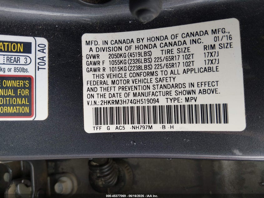 2016 Honda Cr-v VIN 2HKRM3H74GH519094 IAAI salvage auction — RIGHT FRONT, Salvage (South Carolina), sold $3,000 on 2026-07-19 (photo 9)