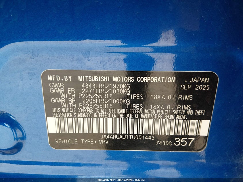 2026 Mitsubishi Outlander VIN JA4ARUAU1TU001443 IAAI salvage auction — LEFT FRONT, Enterprise Vehicles Clear Only (Texas), sold $1,050 on 2026-07-27 (photo 9)