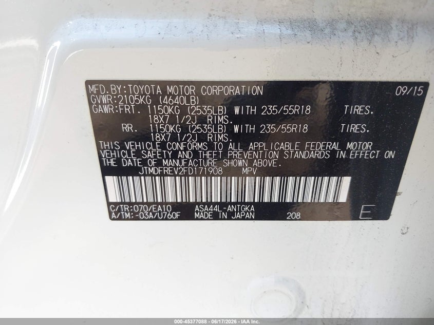 2015 Toyota Rav 4 VIN JTMDFREV2FD171908 IAAI salvage auction — FRONT END, Salvage Title, sold $4,550 on 2026-08-02 (photo 9)