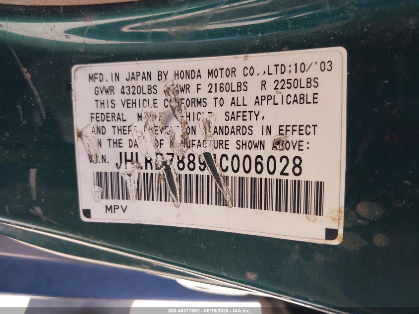 2004 Honda Cr-v VIN JHLRD78894C006028 IAAI salvage auction — RIGHT FRONT, Salvage (California), sold $725 on 2026-07-22 (photo 9)