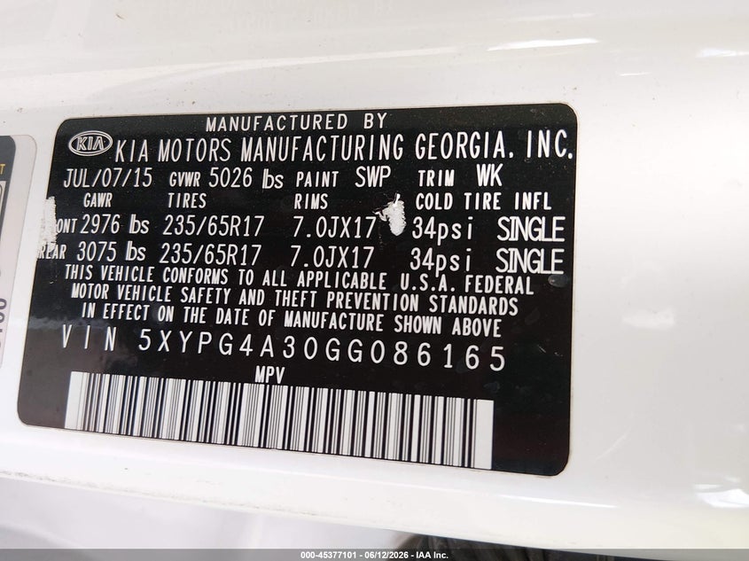 2016 Kia Sorento VIN 5XYPG4A30GG086165 IAAI salvage auction — NORMAL WEAR, Clear-Dealer Only (Montana), sold $2,200 on 2026-07-28 (photo 9)