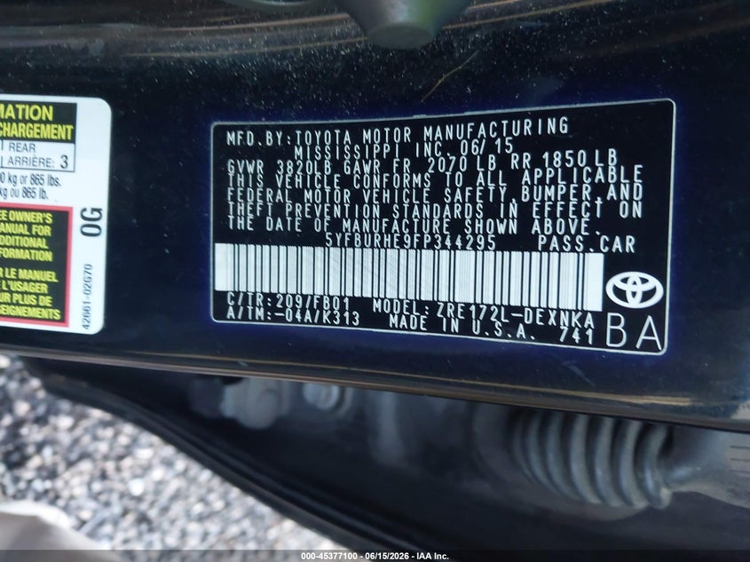 2015 Toyota Corolla VIN 5YFBURHE9FP344295 IAAI salvage auction — LEFT REAR, Salvage (North Carolina), sold $2,250 on 2026-07-07 (photo 9)