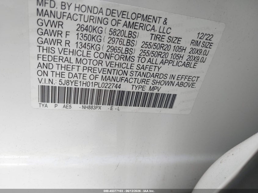 2023 Acura Mdx VIN 5J8YE1H01PL022744 IAAI salvage auction — REAR END, Salvage Title, sold $11,000 on 2026-07-24 (photo 9)