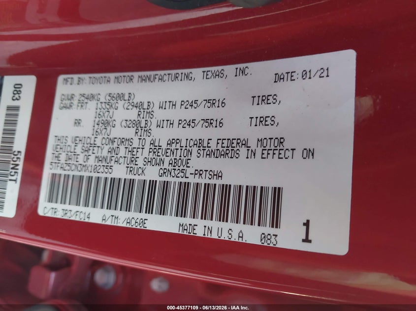 2021 Toyota Tacoma VIN 5TFAZ5CN3MX102355 IAAI salvage auction — FRONT END, Salvage Title, sold $10,800 on 2026-07-29 (photo 9)
