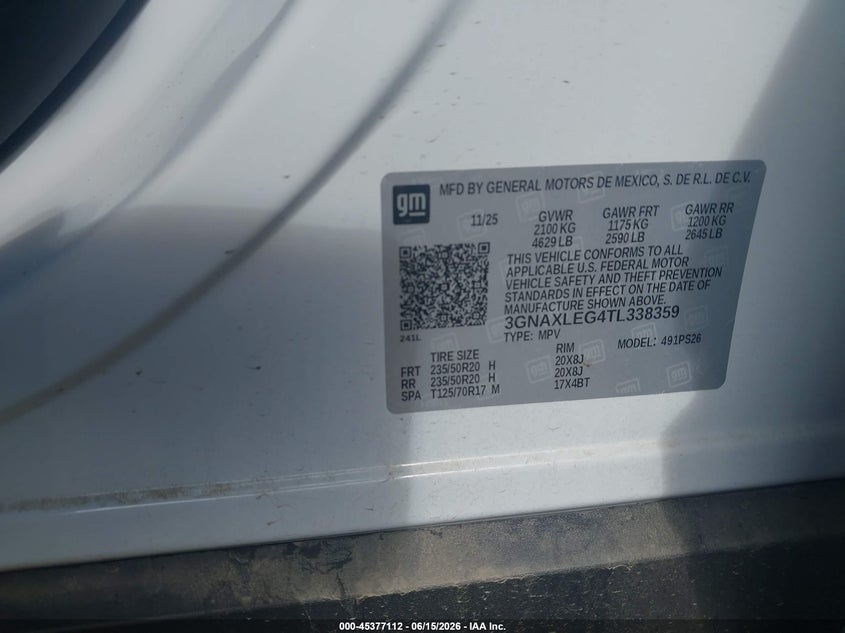 2026 Chevrolet Equinox VIN 3GNAXLEG4TL338359 IAAI salvage auction — FRONT END, Salvage (North Carolina), sold $7,100 on 2026-07-30 (photo 9)