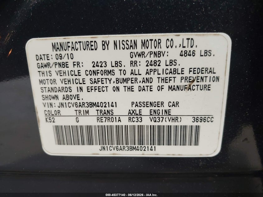 2011 Infiniti G VIN JN1CV6AR3BM402141 IAAI salvage auction — NORMAL WEAR, Salvage Rebuilt (North Carolina), sold $500 on 2026-07-16 (photo 9)