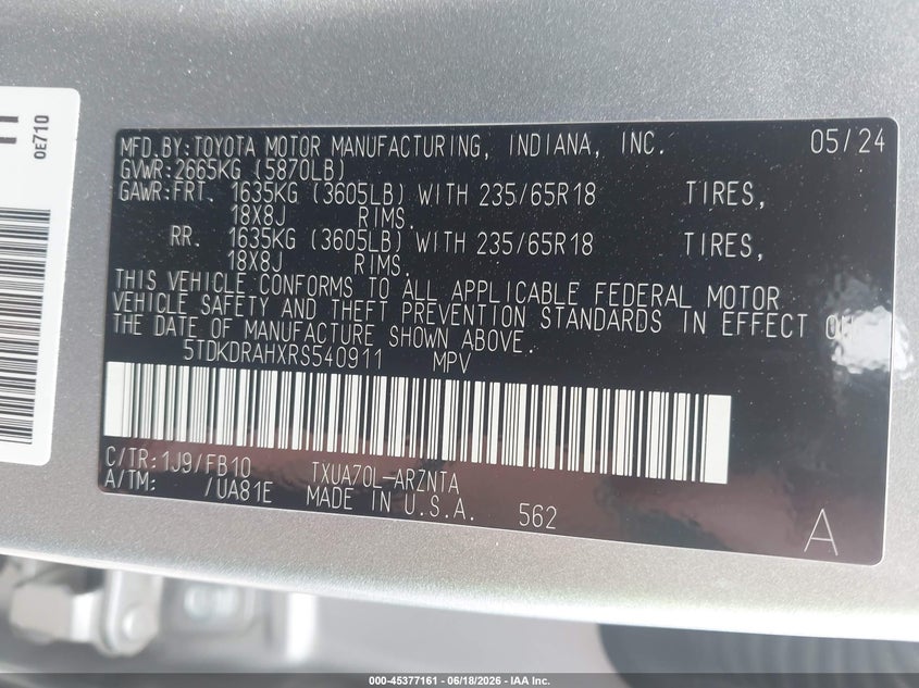 2024 Toyota Highlander VIN 5TDKDRAHXRS540911 IAAI salvage auction — FRONT END, Salvage (Oklahoma), sold $15,825 on 2026-07-24 (photo 9)