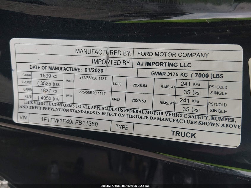 2020 Ford F-150 VIN 1FTEW1E49LFB11380 IAAI salvage auction — RIGHT REAR, Clear (South Carolina), sold $13,500 on 2026-07-23 (photo 9)