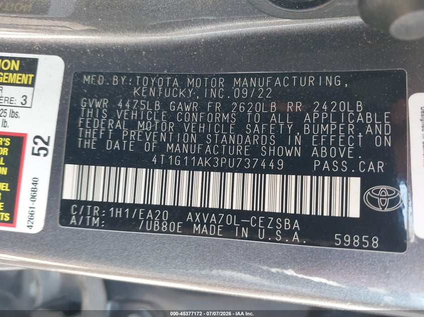 2023 Toyota Camry VIN 4T1G11AK3PU737449 IAAI salvage auction — NORMAL WEAR, Bill Of Sale (Arizona), sold $7,400 on 2026-07-30 (photo 9)